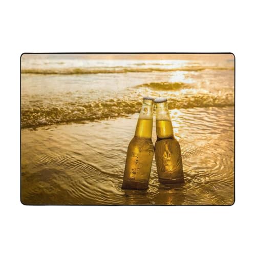 Zcmkjlg Flanell-Teppich, Motiv: Flaschen, Bier, Strand, Sonnenuntergang, Zeitdruck, 203 x 147 cm, weicher, rutschfester Teppich, Wohnzimmermatte, große weiche Couchtischmatte von Zcmkjlg