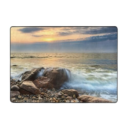 Zcmkjlg Flanell-Teppich, Motiv: Rocky Wave Sonnenuntergang, Malerei, Druck, 203 x 147 cm, weicher, rutschfester Teppich, Wohnzimmermatte, große weiche Couchtischmatte von Zcmkjlg