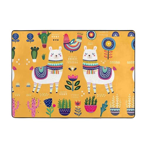 Zcmkjlg Flanell-Teppich mit Cartoon-Alpaka-Motiv, niedlicher Tierdruck, 203 x 147 cm, weicher, rutschfester Teppich, Wohnzimmermatte, große weiche Couchtischmatte von Zcmkjlg