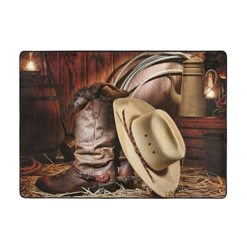 Zcmkjlg Flanell-Teppich mit Cowboyhut, Westernstiefel, bedruckt, 203 x 147 cm, weicher, rutschfester Teppich, Wohnzimmermatte, große, weiche Couchtischmatte von Zcmkjlg