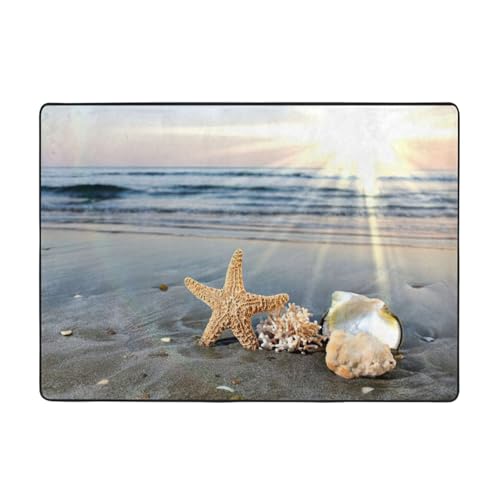 Zcmkjlg Flanell-Teppich mit Muscheln am Strand, 203 x 147 cm, weicher, rutschfester Teppich, Wohnzimmermatte, groß, weiche Couchtischmatte von Zcmkjlg