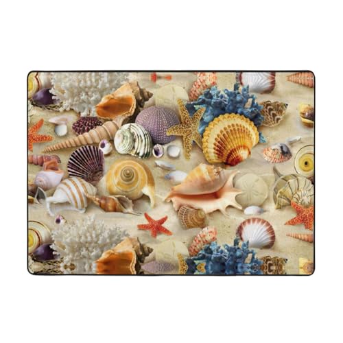 Zcmkjlg Flanell-Teppich mit Seestern-Muschelmotiv, 203 x 147 cm, weicher, rutschfester Teppich, Wohnzimmermatte, groß, weiche Couchtischmatte von Zcmkjlg