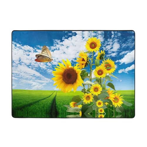 Zcmkjlg Flanell-Teppich mit Sonnenblumen-Schmetterlings-Aufdruck, 203 x 147 cm, weicher, rutschfester Teppich, Wohnzimmermatte, große weiche Couchtischmatte von Zcmkjlg