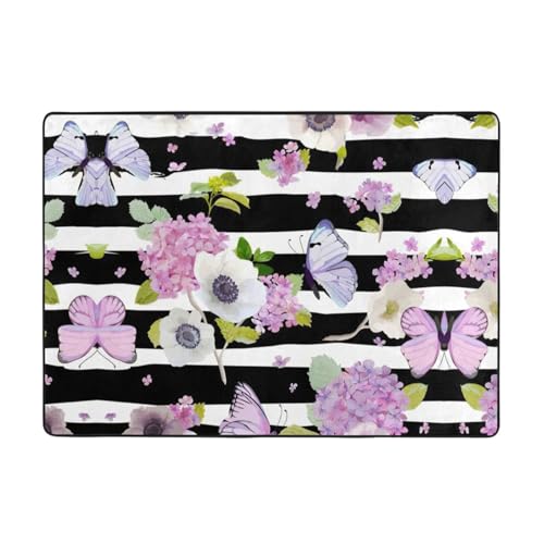 Zcmkjlg Flanell-Teppich mit gestreiftem Blumen- und Schmetterlingsdruck, 203 x 147 cm, weicher, rutschfester Teppich, Wohnzimmermatte, große weiche Couchtischmatte von Zcmkjlg