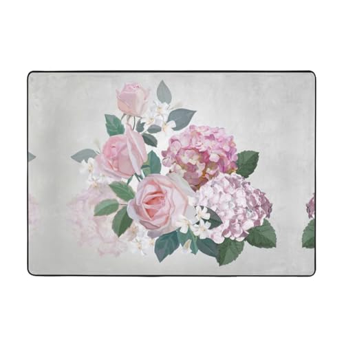 Zcmkjlg Flanell-Teppich mit rosa Rosen-Hortensien-Druck, 203 x 147 cm, weicher, rutschfester Teppich, Wohnzimmermatte, große weiche Couchtischmatte von Zcmkjlg