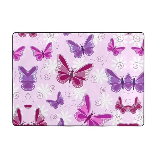 Zcmkjlg Flanell-Teppich mit rosa Schmetterlingen, 203 x 147 cm, weicher, rutschfester Teppich, Wohnzimmermatte, große weiche Couchtischmatte von Zcmkjlg