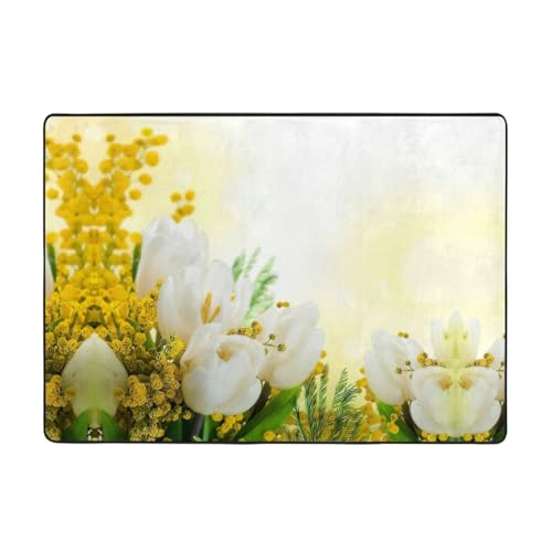 Zcmkjlg Flanell-Teppich mit weißen Tulpen und Blumen, 203 x 147 cm, weicher, rutschfester Teppich, Wohnzimmermatte, große weiche Couchtischmatte Zcmkjlg Flanell-Teppich mit weißen Tulpen und Blumen, 203 x 147 cm, weicher, rutschfester Teppich, Wohnzimmermatte, große weiche Couchtischmatte von Zcmkjlg
