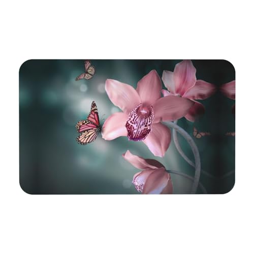 Zcmkjlg Kieselgur Matte mit Orchideenblüten und Schmetterlingen, weich, frühlingshaft, 50 x 80 cm, bequeme Bodenmatte für die Dusche, rutschfeste Kieselgur von Zcmkjlg