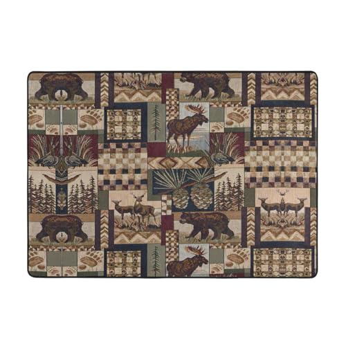 Zcmkjlg Lodge Bear Flanell-Teppich mit Hirschdruck, 203 x 147 cm, weicher, rutschfester Teppich, Wohnzimmermatte, groß, weiche Couchtischmatte von Zcmkjlg