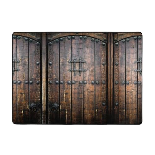 Zcmkjlg Rustikaler Flanell-Teppich mit Holztür-Druck, 203 x 147 cm, weicher, rutschfester Teppich, Wohnzimmermatte, große weiche Couchtischmatte von Zcmkjlg