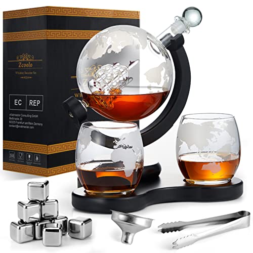 Zcoolo Whisky Decanter Set 850 ml Decanter, 2 Engraved Ball Glasses, Stainless Steel Funnel and 8 Stainless Steel Whisky Stones for Gin Rum Scotch Bourbon Vodka (A-850 ml) von Zcoolo
