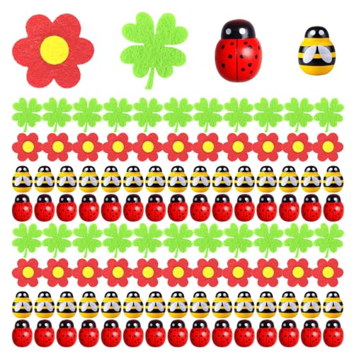 200 Stück Selbstklebende Holz Marienkäfer Deko Rot Filz Blumen Bienen Deko Mini Holz Bienen Filzblumen Deko Blumen Biene Deko Filz Kleeblatt Mini Glücksbringer für DIY Handwerk Scrapbooking Party Deko von Zdhsufnvw