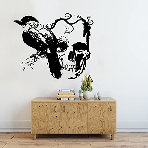 Zdklfm69 Wandtattoo Wandaufkleber Wandsticker Graffiti Rabe Schädel Zweig Wohnzimmer Vögel Krähe Skelett Straßenkunst Spielzimmer Vinyl Dekor 64x52cm von Zdklfm69