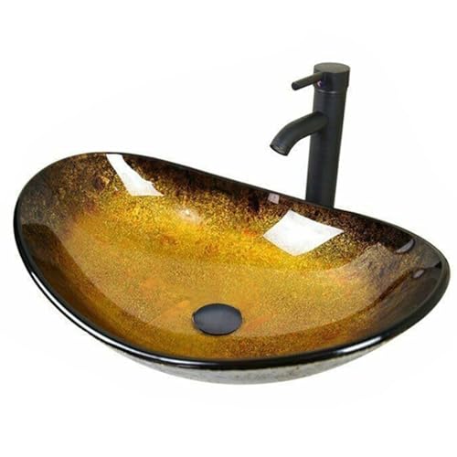 ZealWe Waschbecken Aufsatzwaschbecken Glas, Waschbecken Aufsatz Waschschale Oval für Badezimmer, Handwaschbecken Gäste WC 53 × 35 × 15 cm Waschtisch Waschplatz, Schwarz Gold von ZealWe