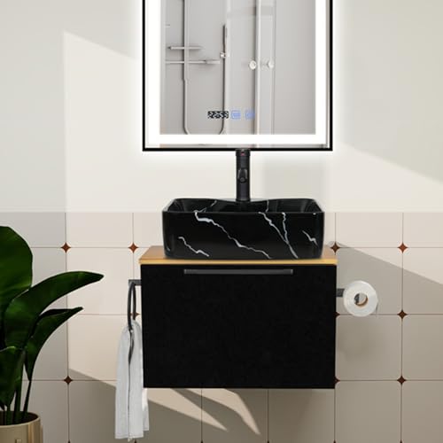 ZealWe Badmöbel Set 2-teilig Waschbecken mit Unterschrank 60 cm mit Handtuchhalter Rollenhalter, Waschtischunterschrank hängend mit Waschtish 48 cm für kleine Gäste WC Waschplatz, Schwarz ZealWe Badmöbel Set 2-teilig Waschbecken mit Unterschrank 60 cm mit Handtuchhalter Rollenhalter, Waschtischunterschrank hängend mit Waschtish 48 cm für kleine Gäste WC Waschplatz, Schwarz von ZealWe