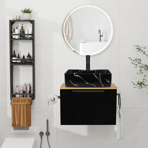 ZealWe Badmöbel Set 3 TLG Waschbecken mit Unterschrank 60 cm, Waschbeckenunterschrank mit Wandregal Waschtish 48 cm, Badezimmerschrank mit Handtuchhalter für kleine Gäste WC Waschplatz, Schwarz Gold von ZealWe