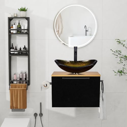 ZealWe Badmöbel Set 3 TLG Waschbecken mit Unterschrank 60 cm, Waschbeckenunterschrank mit Wandregal Waschtish 54 cm, Badezimmerschrank mit Handtuchhalter für kleine Gäste WC Waschplatz, Schwarz Gold von ZealWe