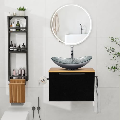 ZealWe Badmöbel Set 3 TLG Waschbecken mit Unterschrank 60 cm, Waschbeckenunterschrank mit Wandregal Waschtish 54 cm, Badezimmerschrank mit Handtuchhalter für kleine Gäste WC Waschplatz, Sliber von ZealWe