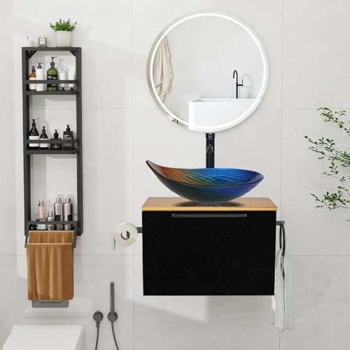 ZealWe Badmöbel Set 3 TLG Waschbecken mit Unterschrank 60 cm, Waschbeckenunterschrank mit Wandregal Waschtish 56 cm, Badezimmerschrank mit Handtuchhalter für kleine Gäste WC Waschplatz, Mehrfarbig von ZealWe