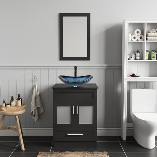 ZealWe Badmöbel Set 3-teilig, Badezimmerschrank mit Spiegel Waschbecken, Waschtisch mit Unterschrank Schwarz Badezimmerschrank 61cm, Spiegel 46x70cm, Badezimmermöbel für Badezimmer WC(Blau) von ZealWe