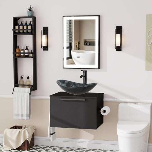 ZealWe Badmöbel-Set Waschtisch mit Unterschrank 60cm, Waschbeckenunterschrank mit Handtuchhalter Waschbecken, Badezimmerschrank Hängend Matt Schwarz, 3-teilig, für kleine Gäste WC, Sternenhimmelfarbe von ZealWe