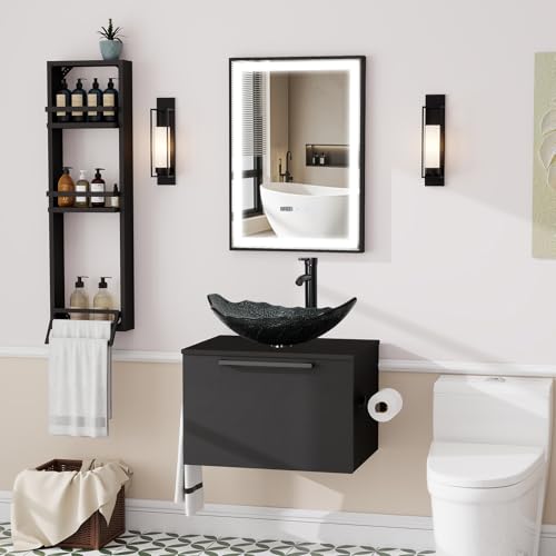 ZealWe Badmöbel-Set Waschtisch mit Unterschrank 60cm, Waschbeckenunterschrank mit Handtuchhalter Waschbecken, Badezimmerschrank Hängend Matt Schwarz, 3-teilig, für kleine Gäste WC, Modern Silber von ZealWe