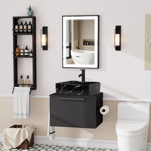 ZealWe Badmöbel-Set Waschtisch mit Unterschrank 60cm, Waschbeckenunterschrank mit Handtuchhalter Waschbecken, Badezimmerschrank Hängend Matt Schwarz, 3-teilig, für kleine Gäste WC, Schwarz von ZealWe