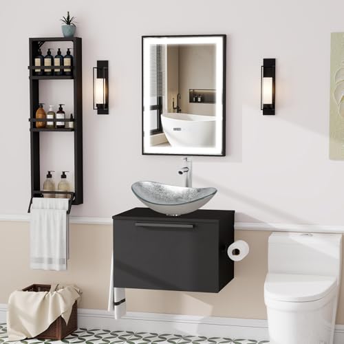 ZealWe Badmöbel-Set Waschtisch mit Unterschrank 60cm, Waschbeckenunterschrank mit Handtuchhalter Waschbecken, Badezimmerschrank Hängend Matt Schwarz, 3-teilig, für kleine Gäste WC, Silber von ZealWe