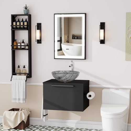 ZealWe Badmöbel-Set Waschtisch mit Unterschrank 60cm, Waschbeckenunterschrank mit Handtuchhalter Waschbecken, Badezimmerschrank Hängend Matt Schwarz, 3-teilig, für kleine Gäste WC, Violett von ZealWe