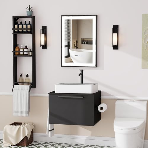ZealWe Badmöbel-Set Waschtisch mit Unterschrank 60cm, Waschbeckenunterschrank mit Handtuchhalter Waschbecken, Badezimmerschrank Hängend Matt Schwarz, 3-teilig, für kleine Gäste WC, Weiß von ZealWe