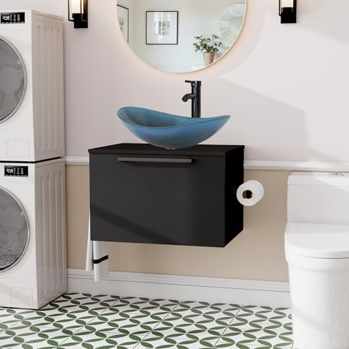 ZealWe Badmöbel-Set Waschtisch mit Unterschrank 60cm, Waschbeckenunterschrank mit Waschbecken, Badezimmermöbel Matt Schwarz Badezimmerschrank Hängend, 2-teilig, für kleine Bäder Gäste WC, Dunkelblau von ZealWe