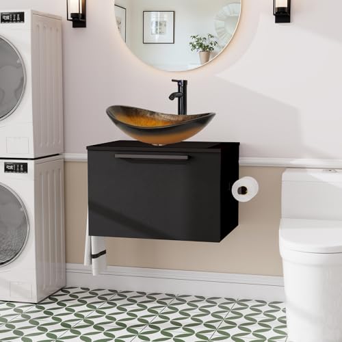ZealWe Badmöbel-Set Waschtisch mit Unterschrank 60cm, Waschbeckenunterschrank mit Waschbecken, Badezimmermöbel Matt Schwarz Badezimmerschrank Hängend, 2-teilig, für kleine Bäder Gäste WC, Schwarz Gold ZealWe Badmöbel-Set Waschtisch mit Unterschrank 60cm, Waschbeckenunterschrank mit Waschbecken, Badezimmermöbel Matt Schwarz Badezimmerschrank Hängend, 2-teilig, für kleine Bäder Gäste WC, Schwarz Gold von ZealWe