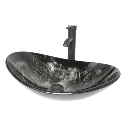 ZealWe Waschbecken Aufsatzwaschbecken Glas, Waschbecken Aufsatz Waschschale Oval für Badezimmer, Handwaschbecken Gäste WC 53 × 35× 15,5 cm Waschtisch Waschplatz, Braun, Tintenblau von ZealWe