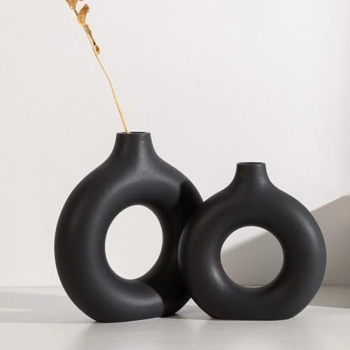 Donut Vase Deko, Matt Blumenvasen aus Keramik 2er-Set für Wohnungsdeko Tischdecko, Trockenblumen Vasen, Beige, Schwarz, Grau, Vase, Modern Keramikvase, Deko Höhe Vasen Set (L+M) (Schwarz) von Zeano