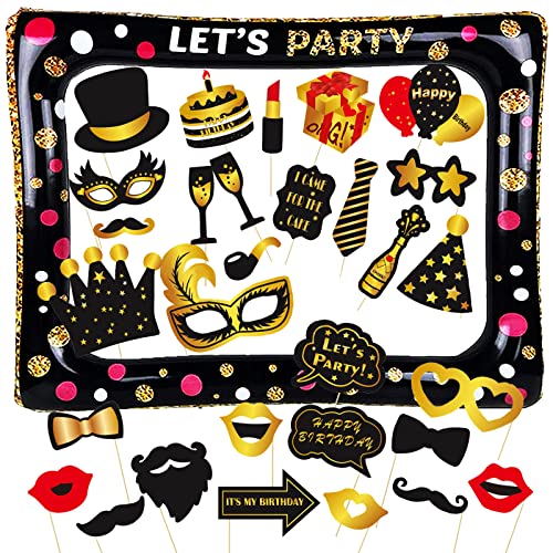 31 Stück Geburtstag Fotorequisiten Set, Black Gold Geburtstag Aufblasbarer Bilderrahmen mit 30 Stück Lustige Props, PVC Aufblasbarer Fotorahmen, DIY Photo Props Kit für Geburtstag Hochzeit Party von Zeaying