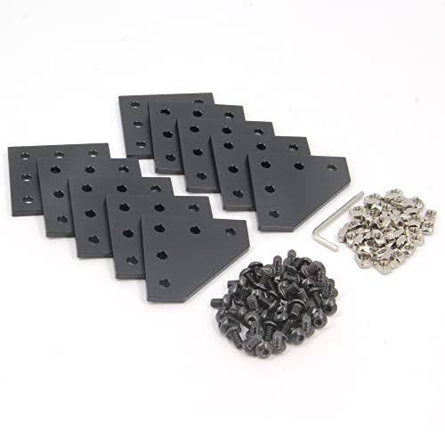 Zeberoxyz 10 STÜCKE/Kit Schwarz L-Form-Eckwinkelplatte mit 50 STÜCKE Schrauben+50 STÜCKE T-Muttern, 5-Loch 90-Grad-Verbindungsplatte 2020Serie (10PCS Schwarz-L mit Mutter) von Zeberoxyz