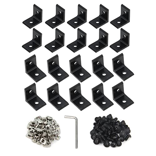 Zeberoxyz 20 Stück 2020Series Eckhalterung Schwarz 2-Loch Aluminium Innen Eckhalterungen mit M5 Schrauben+T-Muttern für Slot 6mm 2020 Aluminium Extrusion Profil (Schwarz mit Mutter) von Zeberoxyz