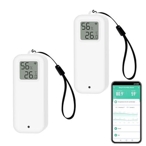 Digital Smart Thermometer Hygrometer, WiFi Temperature and Humidity Sensor with Self Magnetic Sheet, Calibration Temperature Sensor with App Notification Alert. Compatible with Alexa. 2PCS Digital Smart Thermometer Hygrometer, WiFi Temperature and Humidity Sensor with Self Magnetic Sheet, Calibration Temperature Sensor with App Notification Alert. Compatible with Alexa. 2PCS von Zecamin