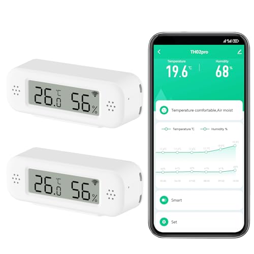 Smart Digitalthermometer Hygrometer, WiFi Innenraum Temperatur und Feuchtigkeitssensor mit App Benachrichtigungen, Mini Raumtemperaturmessgerät mit Datenspeicherung und export, kompatibel Alexa.2PCS von Zecamin