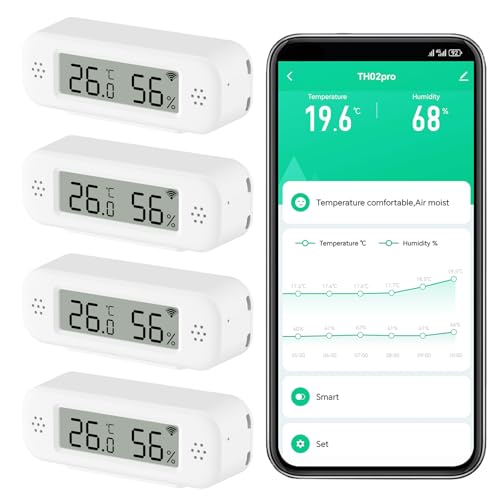Smart Digitalthermometer Hygrometer, WiFi Innenraum Temperatur und Feuchtigkeitssensor mit App Benachrichtigungen, Mini Raumtemperaturmessgerät mit Datenspeicherung und export, kompatibel Alexa.4PCS von Zecamin