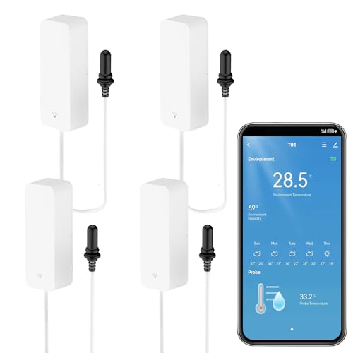 Smart Thermometer Hygrometer mit Sonde, WiFi Aquarium Temperatur und Feuchtigkeitsmesser mit App Fernüberwachung, Innen Kühlschrank Thermometer Sensor, Daten Speicherung & Export,kompatibel Alexa.4PCS Smart Thermometer Hygrometer mit Sonde, WiFi Aquarium Temperatur und Feuchtigkeitsmesser mit App Fernüberwachung, Innen Kühlschrank Thermometer Sensor, Daten Speicherung & Export,kompatibel Alexa.4PCS von Zecamin