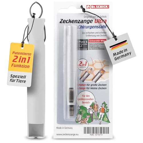 Dr. Schick® Zeckenzange Ultra Chirurgenstahl für Tiere [2-in-1 Zeckenhaken & Zeckengreifer] - patentierter Zeckenschutz für Hunde, Katzen & Co. – kleine und vollgesogene Zecken entfernen von Dr. SCHICK GMBH