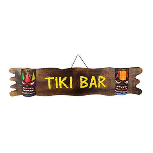 Handgeschnitztes mehrfarbiges Holzschild mit Tiki-Bar zum Aufhängen – exquisite dekorative Maskenskulptur für eine tropische Paradiesstimmung – einfach aufzuhängen – 99 cm lang von Zeckos