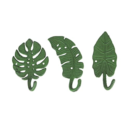 Zeckos Set mit 3 grünen tropischen Blättern aus Gusseisen, dekorative Wandhaken, Handtuchhalter von Zeckos