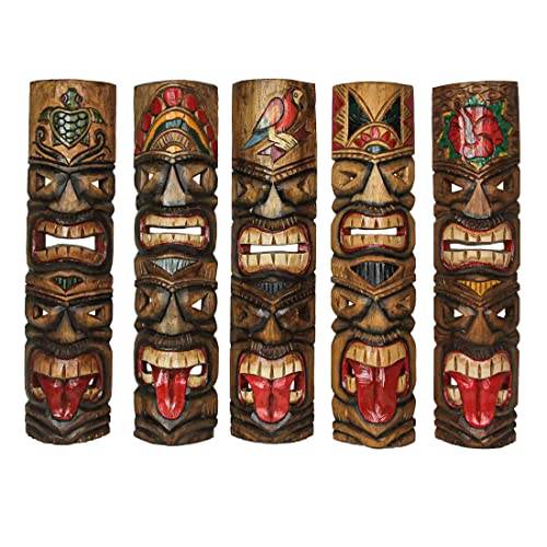 Zeckos Set von 5 handgeschnitzten Holz Doppel Tiki Maske Totem Wandbehang Tribal Dekor Skulpturen 24 Zoll hoch von Zeckos