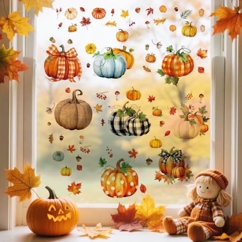 Fensterbilder Herbst, Herbstdeko Kürbis Ahornblatt Sonnenblume Fensterbilder Selbstklebend, Herbstdeko Fenster Selbstklebend Aufkleber, für Thanksgiving Herbst Deko Fenster Aufkleber (71 Stück) von Zecnaud