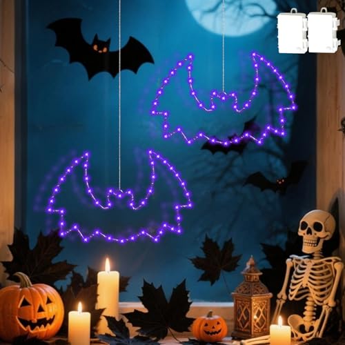 Zecnaud Halloween Deko Fenster Lichter, 2 Stück Helloween Lichterkette Fledermaus mit 6H Timer, Wasserdicht LED Lichterkette für Halloween Dekoration Innen Außen Balkon Tür (mit Haken) von Zecnaud