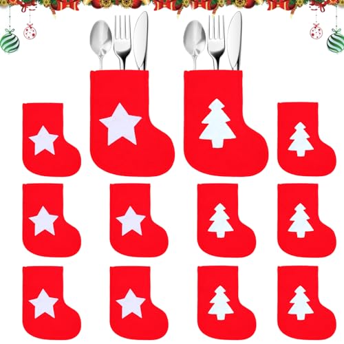 Bestecktasche Weihnachten 12 Stück Besteckhalter Weihnachts Weihnachtsbesteckhalter Weihnachtliche Weihnachtsstrümpfe mit Stern Baum Bestecktaschen Messer Gabel Löffel Tischdekoration (B) von Zecouk
