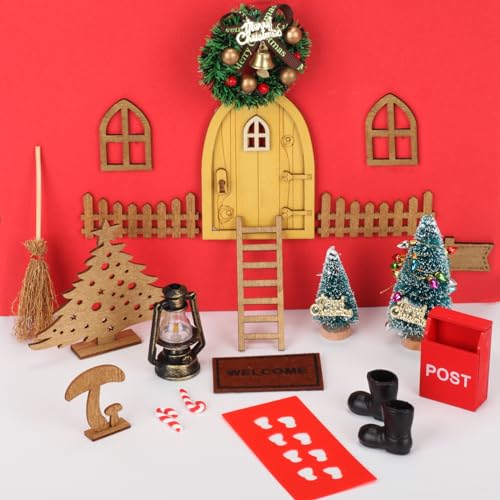 Zecouk Wichteltür Zubehör Weihnachten Set, Weihnachtswichtel Tür Miniatur 22Pcs Wichtel Zubehör mit Weihnachtsbaum Kranz Briefkasten Zaun Öllampe Leiter Elfentür Fußabdruck Stiefel Besen Türmatte von Zecouk