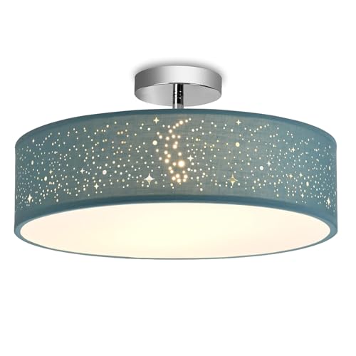 Zedelmaier Deckenleuchte Stoff Rund 38cm Stoffschirm E27x2 max.40W Deckenlampe mit Sternenhimmel Wohnzimmer Schlafzimmer Kinderzimmer Flur Lampe Decke Modern (Aschblau mit Sterneffekt, Ø38x18cm) von Zedelmaier